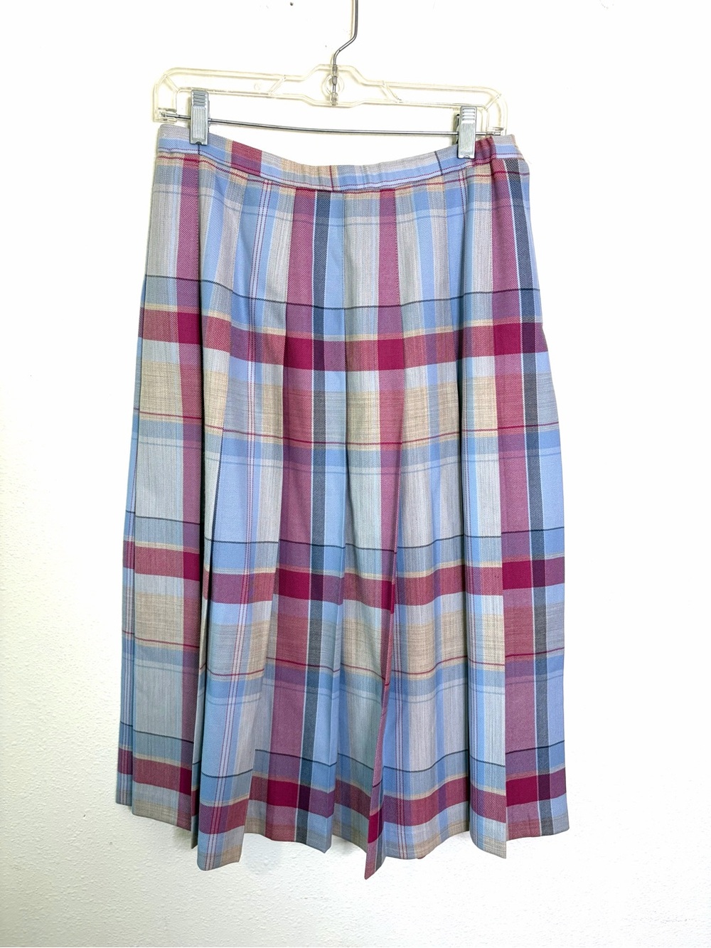 Pendleton 100% wool Pleated Plaid Midi Skirt 12 petite Blue Pink made in USA